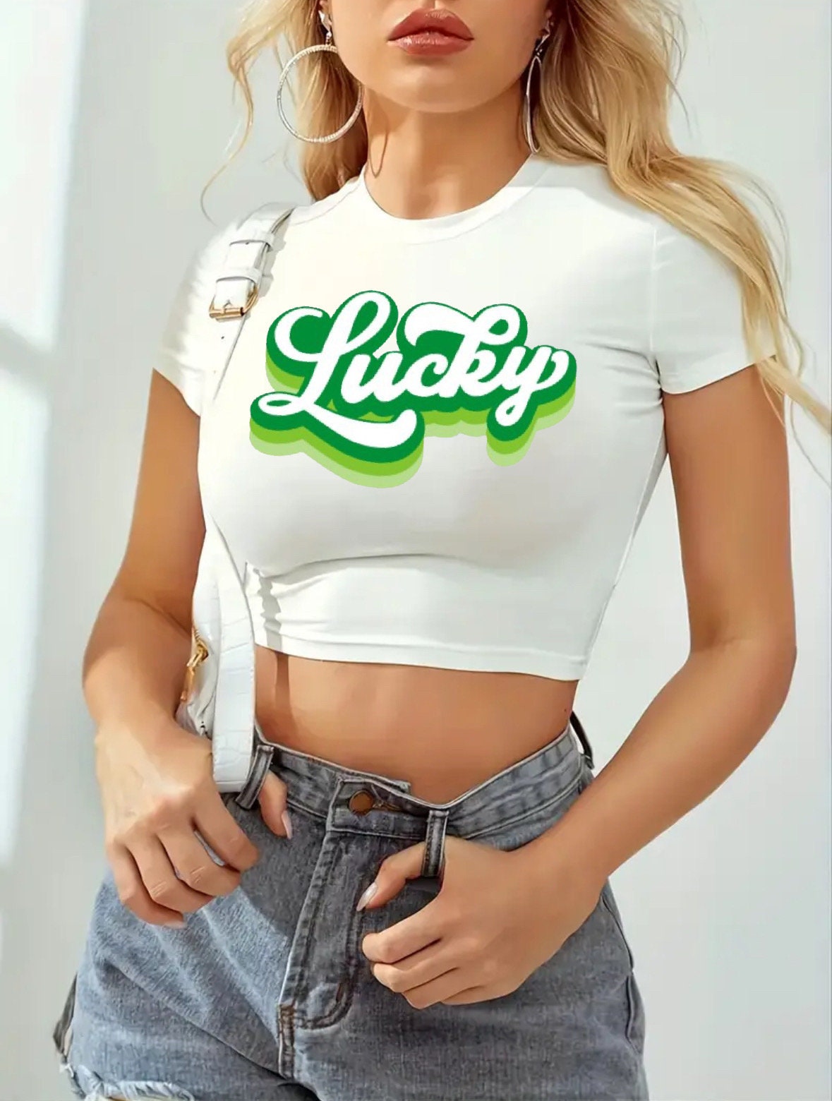 Saint Patrick's Day One Shoulder Cutout Side Shamrock Tongue Crop Top...