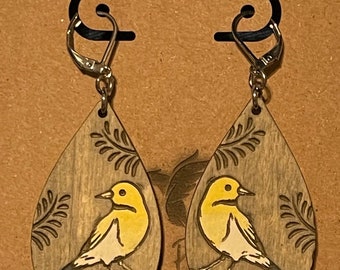 Boucles d'oreilles oiseau jaune en bois