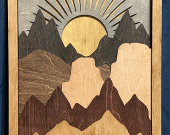 Décoration murale 3D en bois, lever de soleil sur la montagne