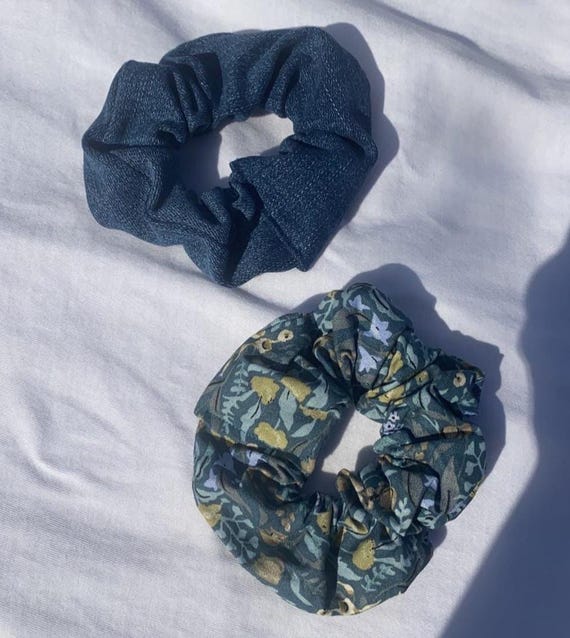 1 Left! Blue Denim Patterned Scrunchie Hair Tie Denim Scrunchie, Blue Hair Scrunchie, Cotton Scrunchie  main image 3