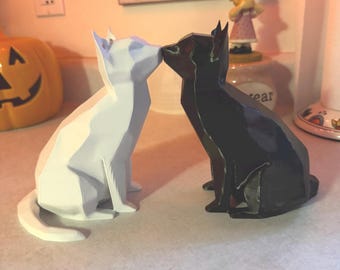 Set of Two 3D Printed Cat Figurines: Low Poly PLA Sculpture, Black, White
