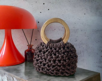 Crochet Handmade Bag With Natural Wooden Handle / Luxury Modern Handbag / Brown Crochet Bag