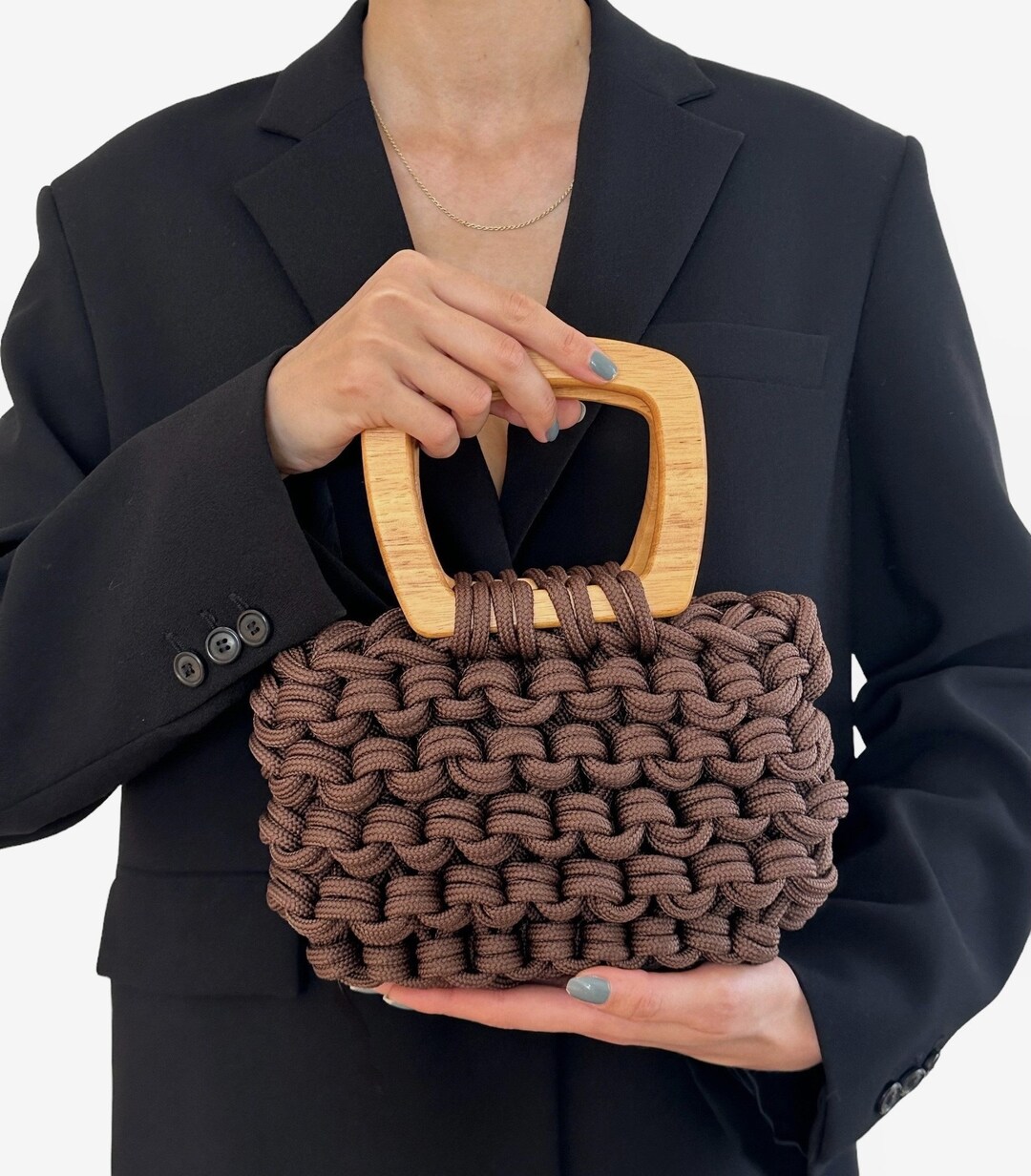 Handmade Knitted Bag / Natural Wooden Handle / Casualevening Bag