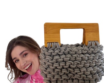 Handmade Knitted Bag / Natural Wooden Handle / Casual-Evening Bag / Handcraft Product