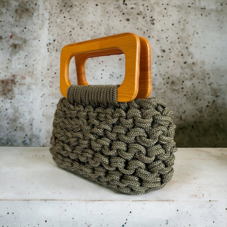 Handmade Knitted Bag / Natural Wooden Handle / Green Knitted Bag / Casual-Evening Bag / Handcraft Product image 1