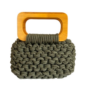 Handmade Knitted Bag / Natural Wooden Handle / Green Knitted Bag / Casual-Evening Bag / Handcraft Product image 4