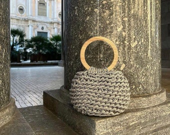 Handmade Knitted Bag / Natural Wooden Handle / Casual-Evening Bag / Handcraft Product / Grey Handmade Bag