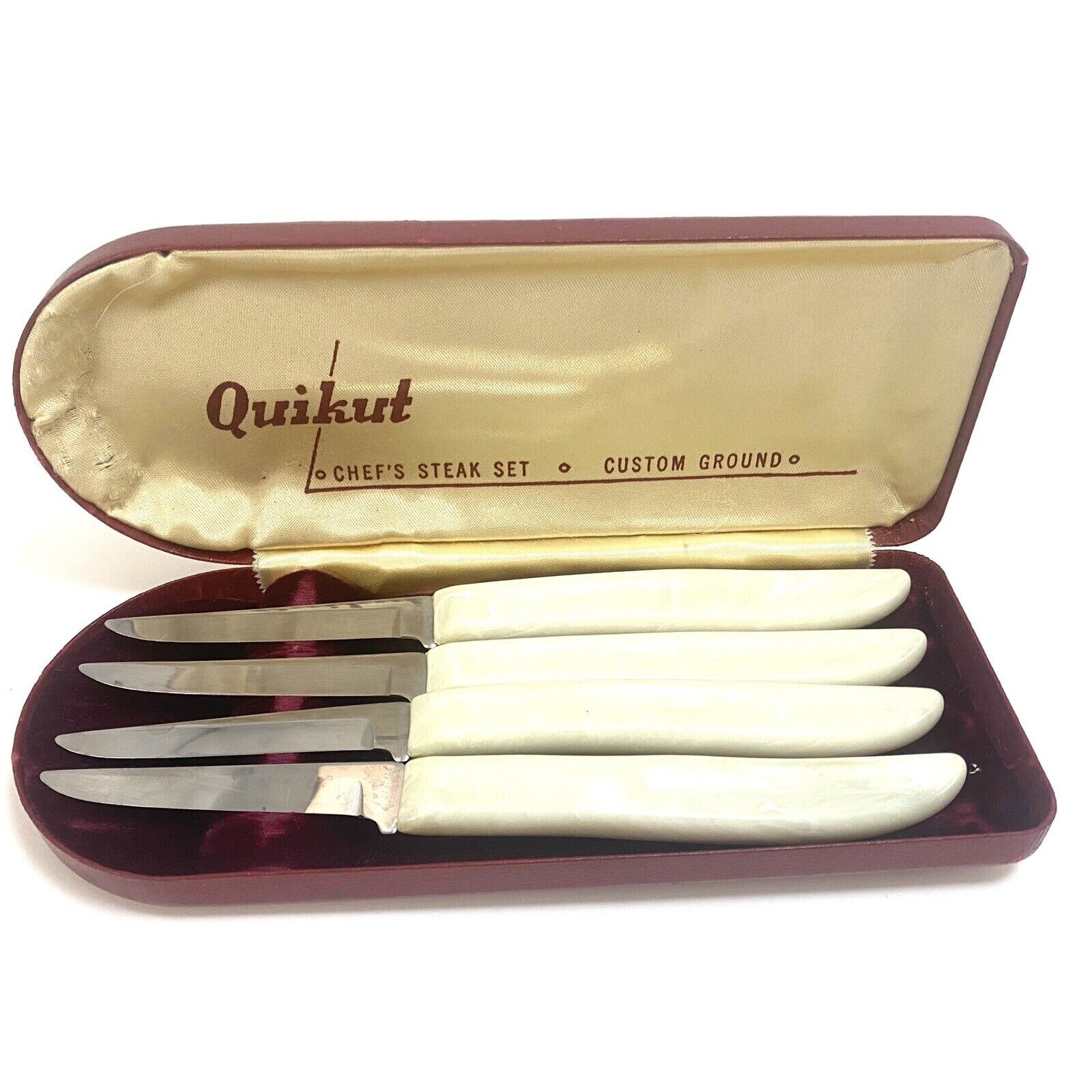 Vintage Set 6 White Handle QUIKUT QUIKKLE Stainless Steak Knives! NOS, USA