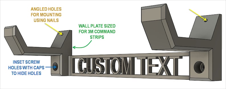 Pode incluir: Um suporte de parede de metal cinza com dois ganchos angulares e um espa&ccedil;o para texto personalizado. Os ganchos t&ecirc;m furos para montagem com pregos ou tiras de comando 3M. A &aacute;rea de texto tem furos de parafuso embutidos com tampas para ocult&aacute;-los.