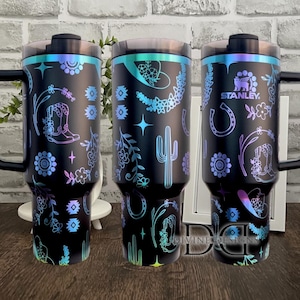 Personalized Western Cowgirl Tumbler, Laser Engraved Insulated Travel Mug with Cowboy Boots and Floral Design, Custom Gift for Her