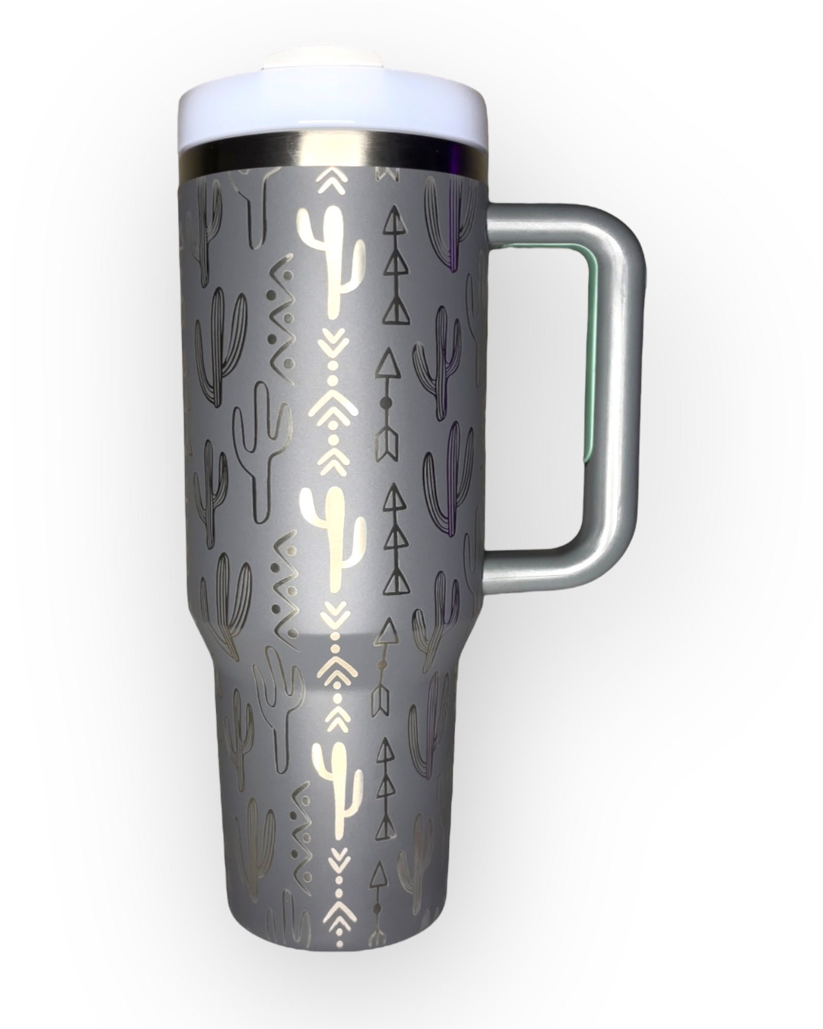 Customized 40oz Tumbler with Handle - Western Cactus Laser Engraved Design