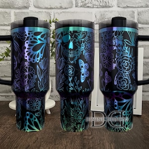 Customized Tumbler with Handle, Laser Engraved Spooky Design, Stainless Steel Drinkware, Unique Tumbler Gift