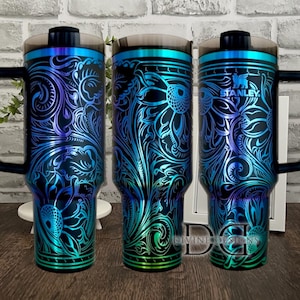 Customized Tooled Leather Tumbler, Laser Engraved Stainless Steel Insulated Drinkware, Unique Gifts for Him