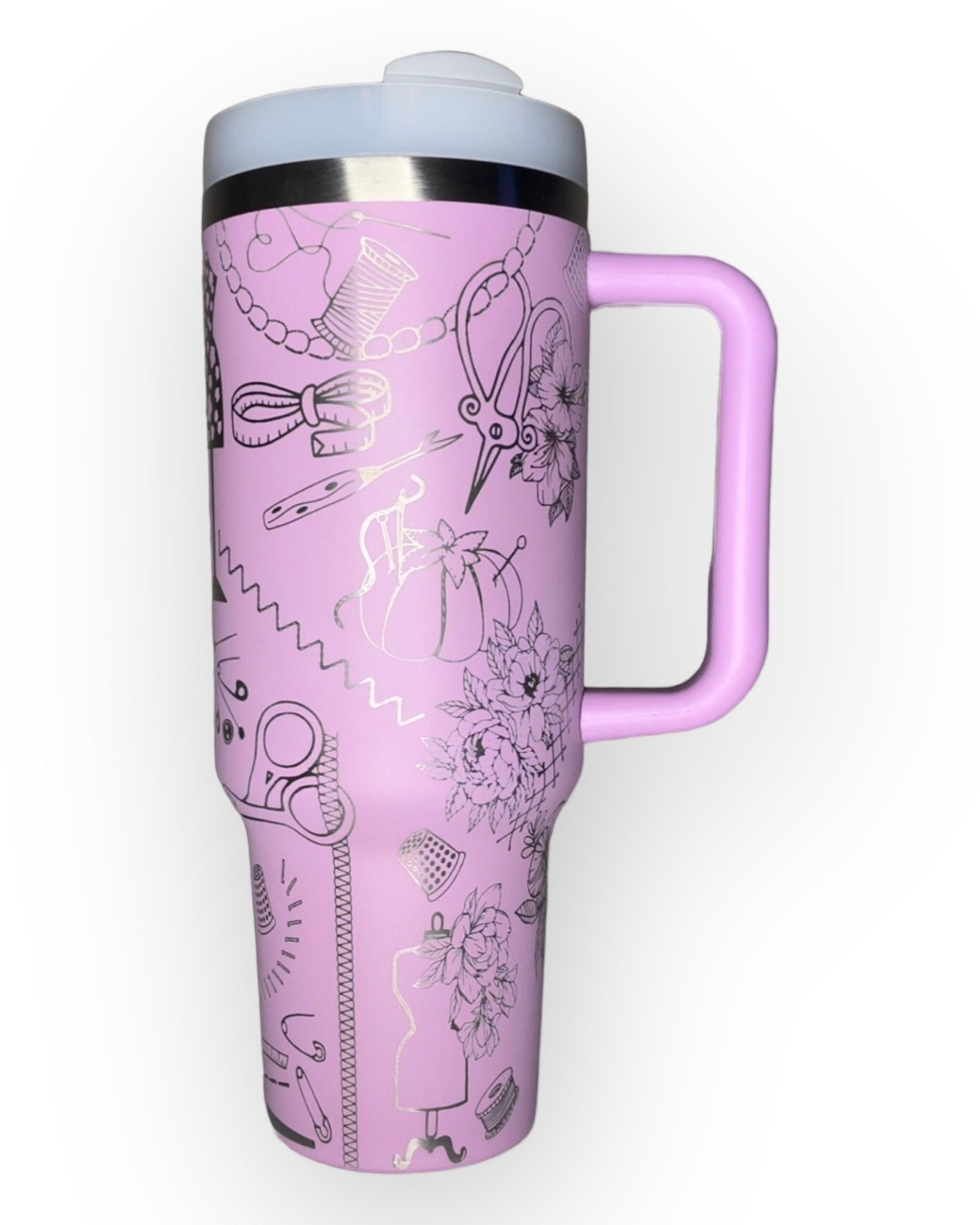 Customized 40oz Tumbler with Handle - Laser Engraved Sewing Design