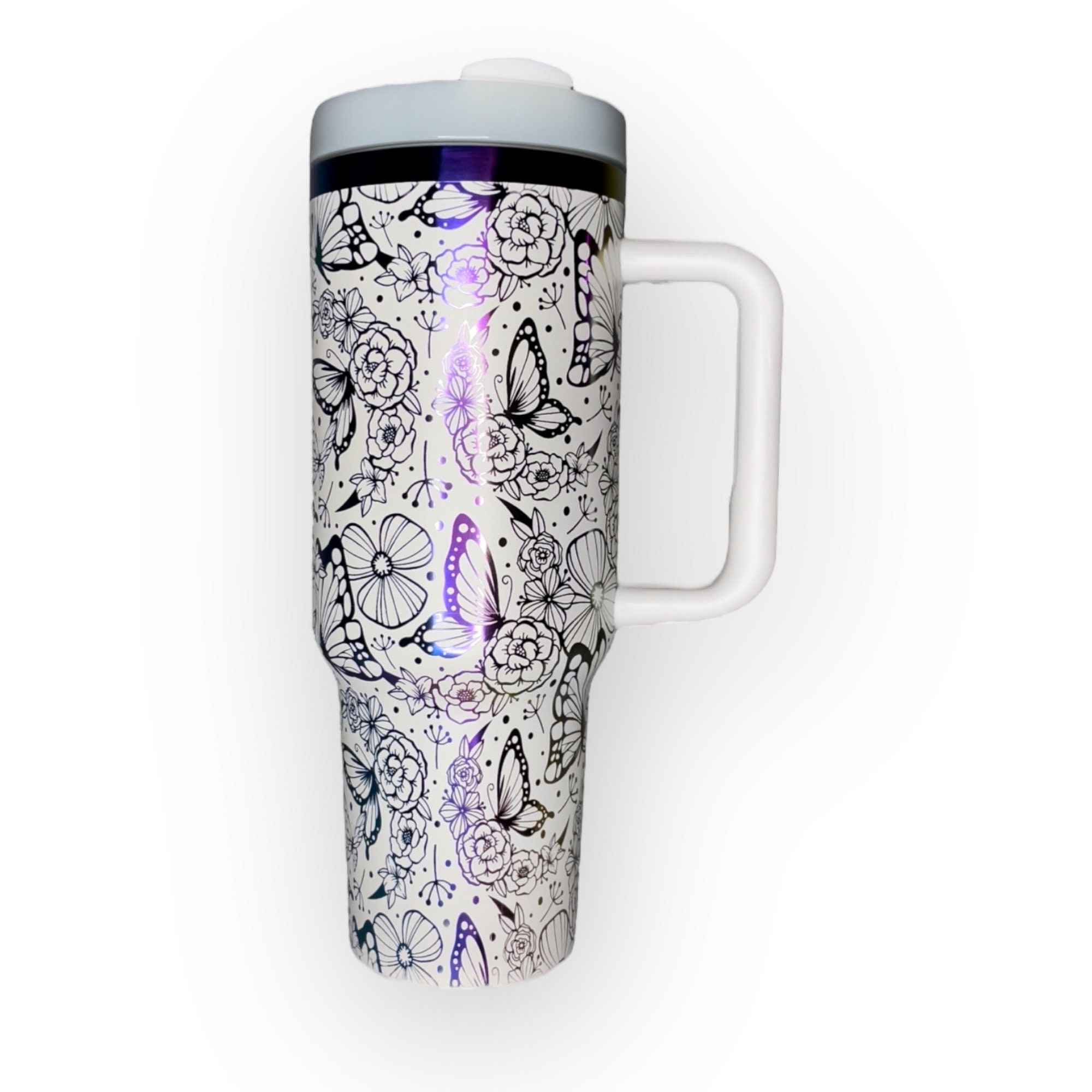 Customized 40oz Tumbler with Handle - Laser Engraved Butterfly Design