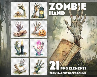 Watercolor PNG Clipart. Zombie Hands. 21 High-Resolution PNG elements. Transparent Background. Halloween Illustrations for Children's Books