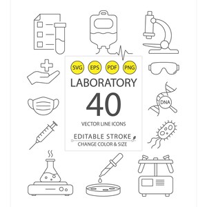 Puede incluir: Una colección de 40 iconos de línea vectorial relacionados con la ciencia de laboratorio. Los iconos incluyen un microscopio, tubos de ensayo, una jeringa, una placa de Petri y un símbolo de ADN. La palabra "LABORATORY" se muestra encima del número "40".
