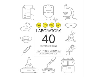 40 Minimal Laboratory Line Icons | Editable Stroke Vector Icons | Change Color | Scalable SVG EPS PNG | Science & Research Tools