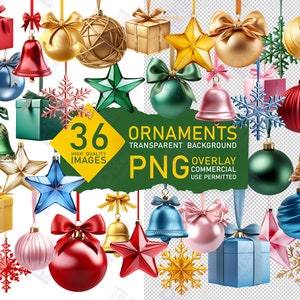 May include: A collection of 36 high-quality Christmas ornaments with transparent backgrounds. The ornaments include stars, bells, snowflakes, gift boxes, and balls in various colors, such as red, green, gold, blue, and pink.  The text "36 HIGH QUALITY IMAGES" and "ORNAMENTS TRANSPARENT BACKGROUND PNG OVERLAY COMMERCIAL USE PERMITTED" is visible in the image.