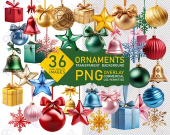 36 PNG clipart of Christmas ornaments overlays on a transparent background. Realistic Christmas ornament elements for Photoshop.