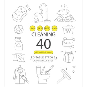 40 Minimal Cleaning Line Icons | Editable Stroke Vector Icons | Change Color | Scalable SVG EPS PNG | Housekeeping & Cleaning Tools