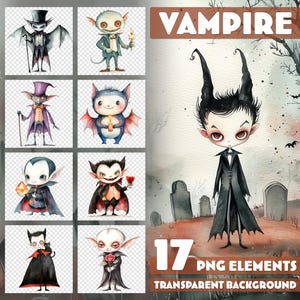 Watercolor Halloween Vampire Clipart – 17 High-Resolution PNGs – Transparent Background – Illustrations for Children&#39;s Books