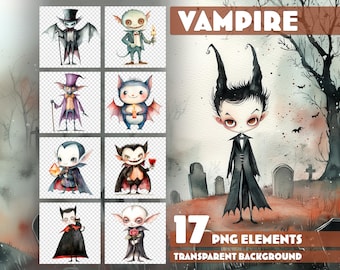 Watercolor Halloween Vampire Clipart – 17 High-Resolution PNGs – Transparent Background – Illustrations for Children's Books
