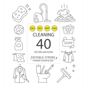Op de afbeelding: Zwart-wit illustratie van schoonmaakpictogrammen, waaronder een spons, stofzuiger, wasgoed en zeep. De afbeelding bevat de tekst "CLEANING 40 VECTOR LINE ICONS EDITABLE STROKE CHANGE COLOR & SIZE."
