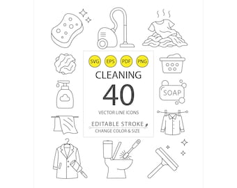 40 Minimal Cleaning Line Icons | Editable Stroke Vector Icons | Change Color | Scalable SVG EPS PNG | Housekeeping & Cleaning Tools