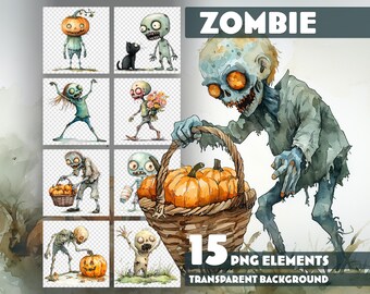 Watercolor Halloween Zombie Clipart – 15 High-Resolution PNGs – Transparent Background – Illustrations for Children's Books