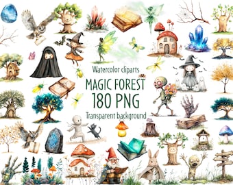 Watercolor Magic Forest Clipart – 180 High-Quality PNG Illustrations for Fantasy Books, Digital Projects, and Enchanted Designs.