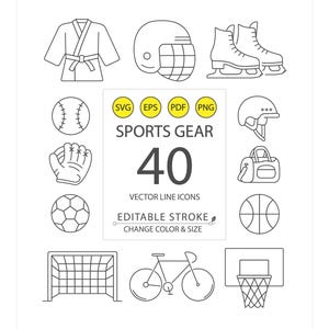 Peut inclure: Illustration en noir et blanc d'icônes d'équipements sportifs, dont une balle de baseball, un casque, des patins et un ballon de basket. Le texte "SPORTS GEAR 40 VECTOR LINE ICONS EDITABLE STROKE CHANGE COLOR & SIZE" est inclus.