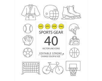 40 Vector Sports Gear Icons | Minimal Line Icons | Editable Stroke | Customizable Colors | Scalable SVG EPS PNG