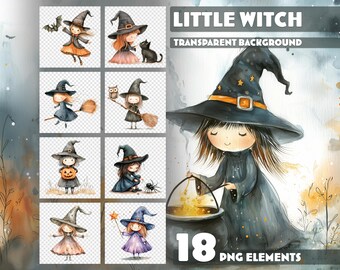 Watercolor Witch Clipart – 18 High-Resolution PNGs – Transparent Background – Illustrations for Children's Books
