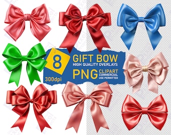 8 PNG overlays with images of gift ribbon bows on a transparent background. For printing, scrapbooking, or design