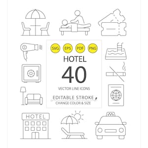 May include: A collection of 40 vector line icons related to hotels and travel. The icons include a hotel building, a swimming pool, a taxi, a passport, a safe, a massage, and other related images. The text "HOTEL 40" is displayed prominently.