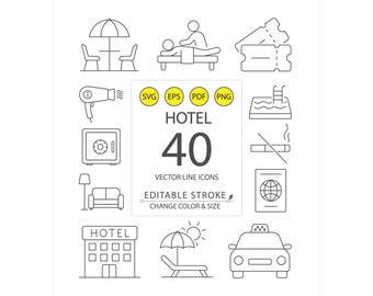 40 Vector Hotel Line Icons | Minimal Outline Icons Set | Editable Stroke | Customizable Colors | Scalable SVG EPS PNG | Travel Hospitality