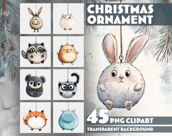 Watercolor Christmas Animal Ornaments Clipart – 45 PNG Illustrations for Christmas Design – Transparent Background – Instant Download
