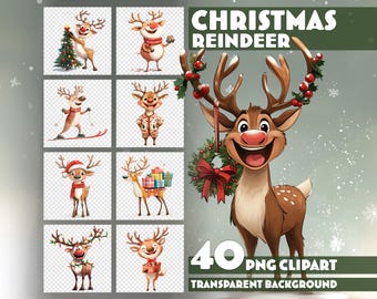 Christmas Reindeer Clipart – 40 PNG Watercolor Illustrations for Christmas Design – Transparent Background – Instant Download