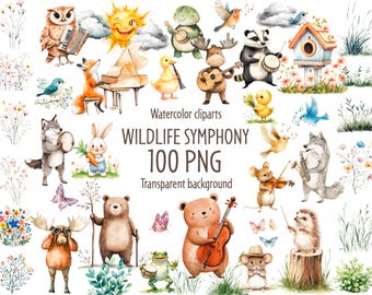 Watercolor Forest Animals Clipart – 100 High-Quality PNG Illustrations for Children's Books, Nursery Decor, Woodland, Wildlife cliparts.