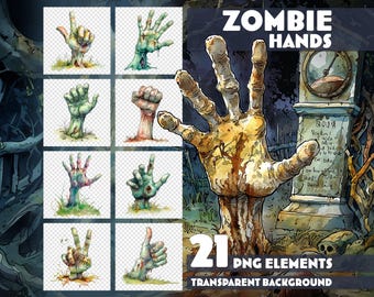 Zombie Hands Gesture Clipart – 21 High-Resolution PNGs – Transparent Background – Halloween Watercolor Illustrations for Children's Books