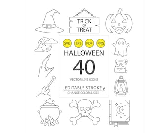 40 Vector Halloween Icons | Minimal Line Icons | Editable Stroke | Customizable Colors | Scalable SVG EPS PNG | Spooky Symbols