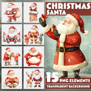Christmas Santa Clipart – 15 PNG Watercolor Illustrations for Christmas Design – Transparent Background – Instant Download