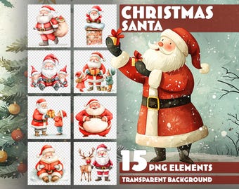 Christmas Santa Clipart – 15 PNG Watercolor Illustrations for Christmas Design – Transparent Background – Instant Download