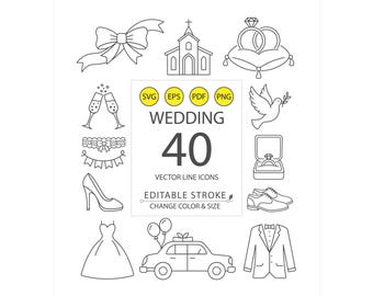 40 Vector Wedding Icons | Minimal Line Icons | Editable Stroke | Customizable Colors | Scalable SVG EPS PNG | Ceremony Celebration