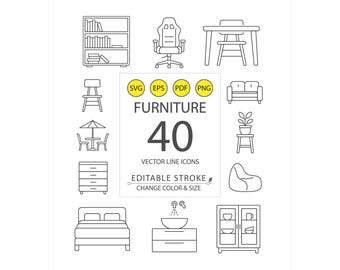 40 Vector Furniture Icons | Minimal Line Icons | Editable Stroke | Customizable Colors | Scalable SVG EPS PNG | Home Interior Design