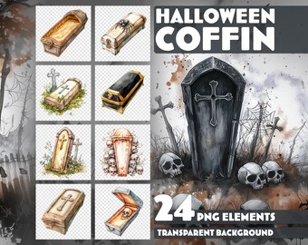 Halloween Coffin Clipart – 24 PNG Watercolor Illustrations for Book Design – Transparent Background – Instant Download