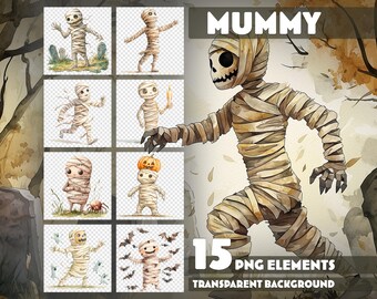 Watercolor Halloween Mummy Clipart – 15 High-Resolution PNGs – Transparent Background – Illustrations for Children's Books
