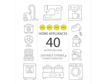40 Vector Home Appliances Icons | Minimal Line Icons | Editable Stroke | Customizable Colors | Scalable SVG EPS PNG | Kitchen Electronics