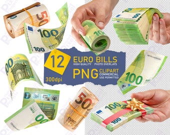 Euro banknote overlays, cut out on a transparent background. Photos of falling euro banknotes and a stack of money in hand
